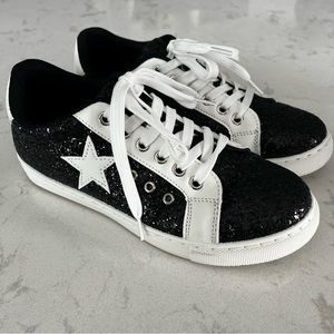 Black glitter and white sneakers